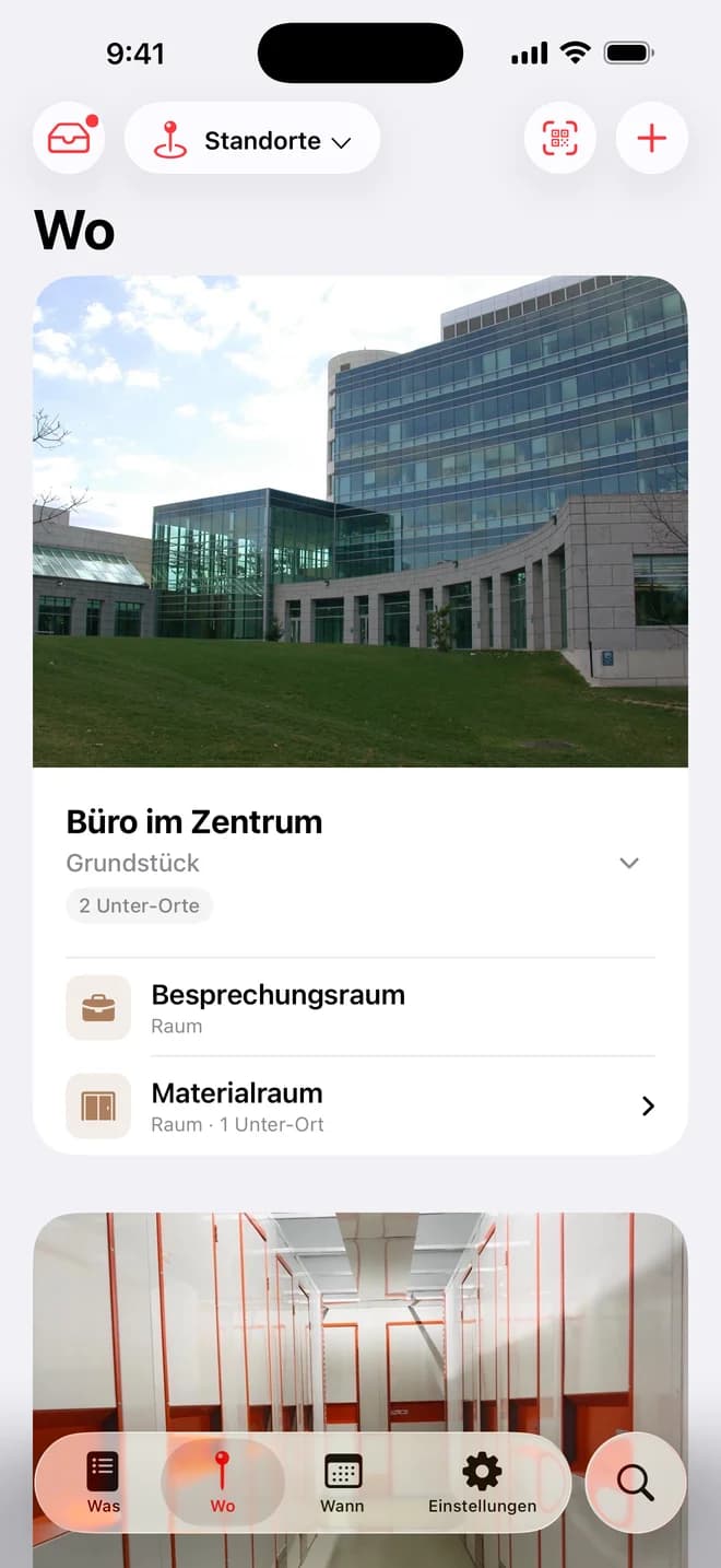 Tab Wo in Whateren: verschachtelter Baum aus Grundstücken, Räumen und Lagerplätzen mit Anzahl der Gegenstände