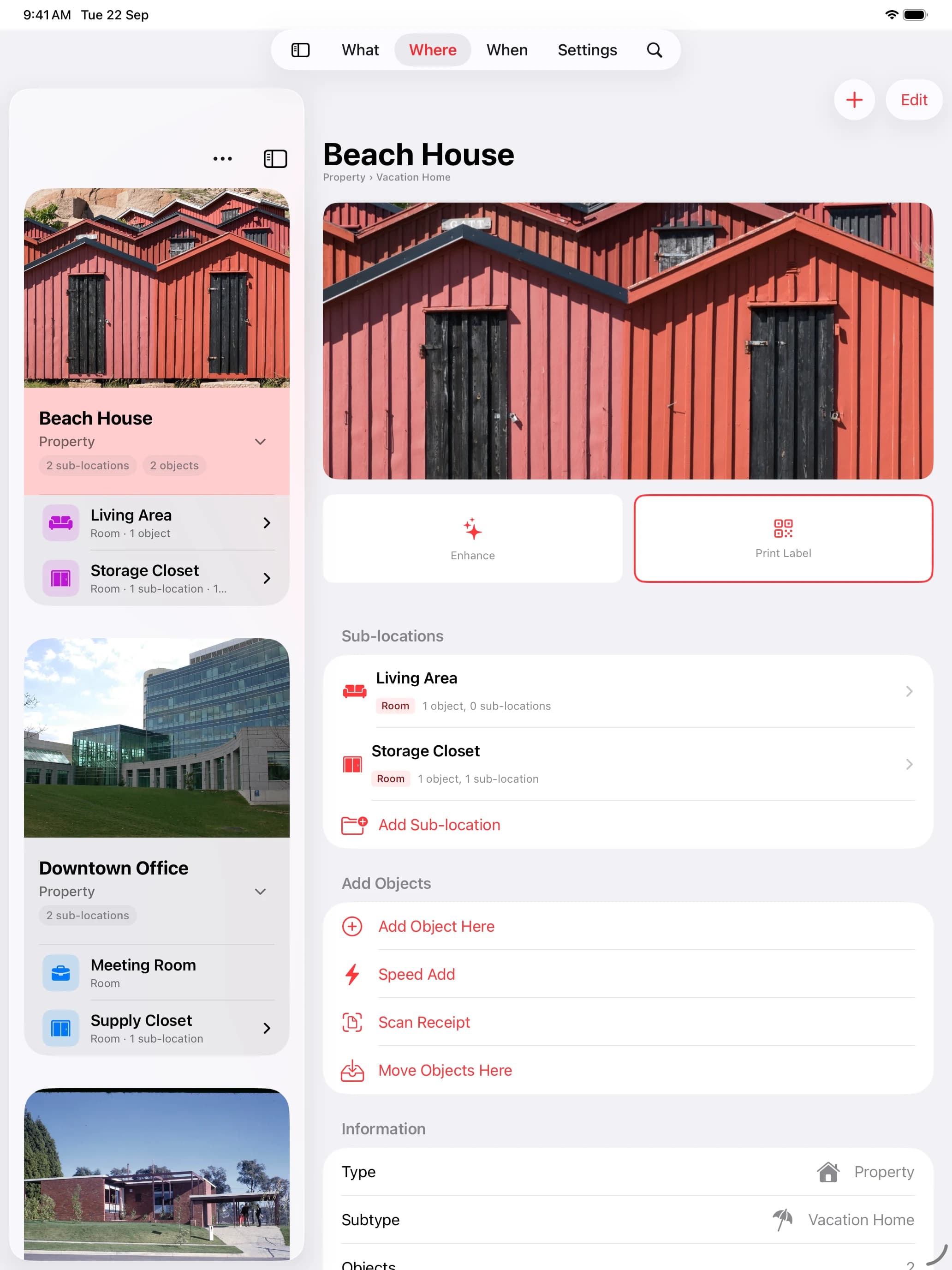 Whateren on iPad in split view, places on the left and their contents on the right