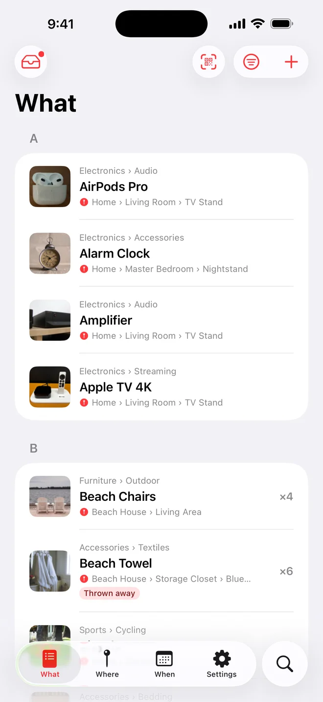 Whateren What tab: items grouped alphabetically, each with a photo, category and location