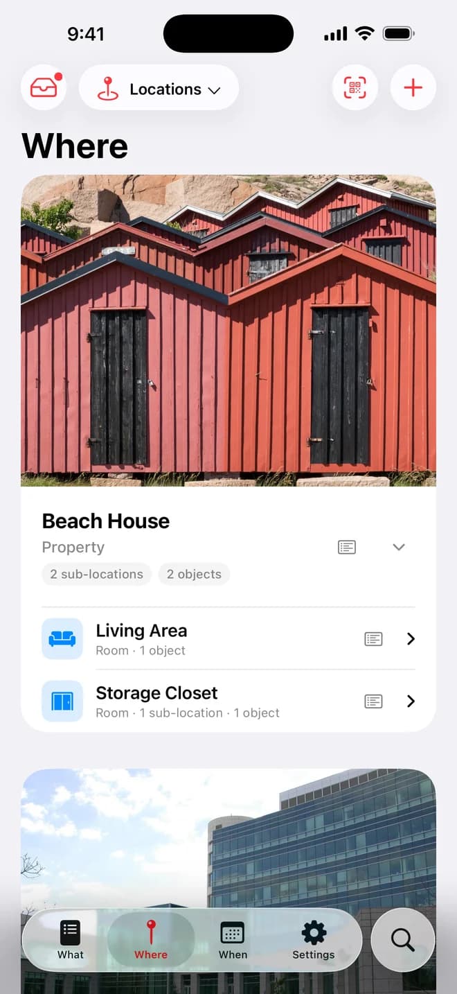 Whateren Where tab: a nested tree of properties, rooms and storage with item counts