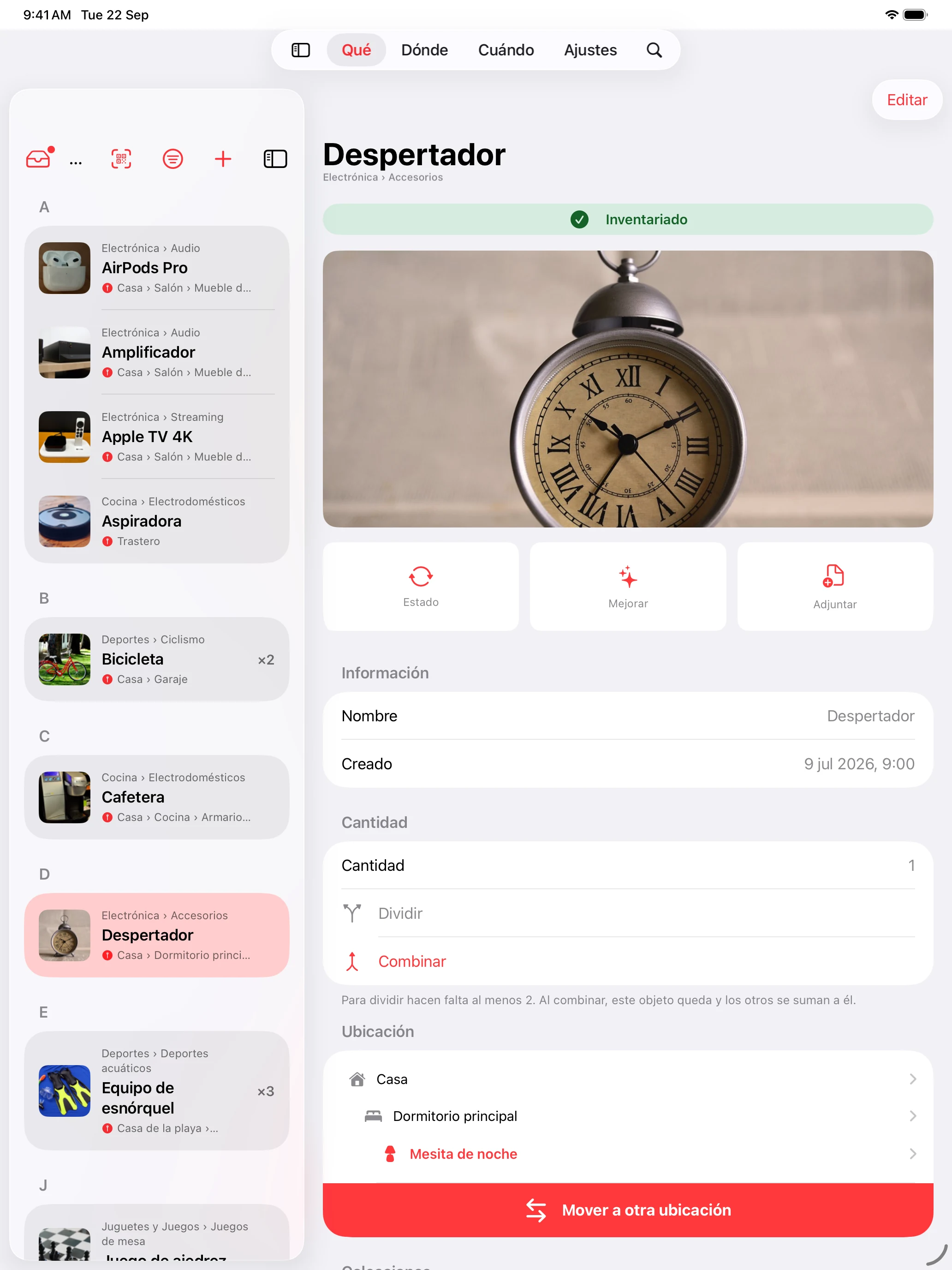 Whateren en iPad: el inventario junto a la foto, los detalles y la ubicación del objeto seleccionado