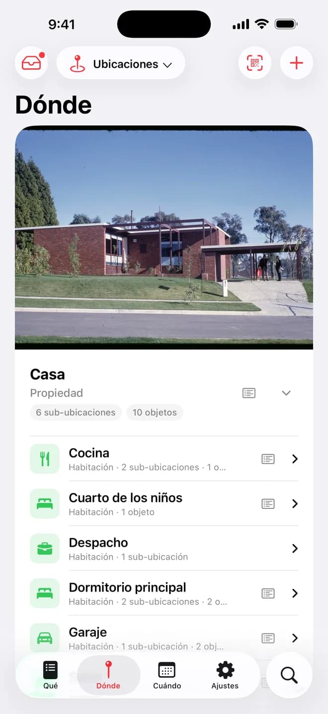 Pestaña Dónde de Whateren: árbol anidado de propiedades, habitaciones y depósitos con la cantidad de objetos