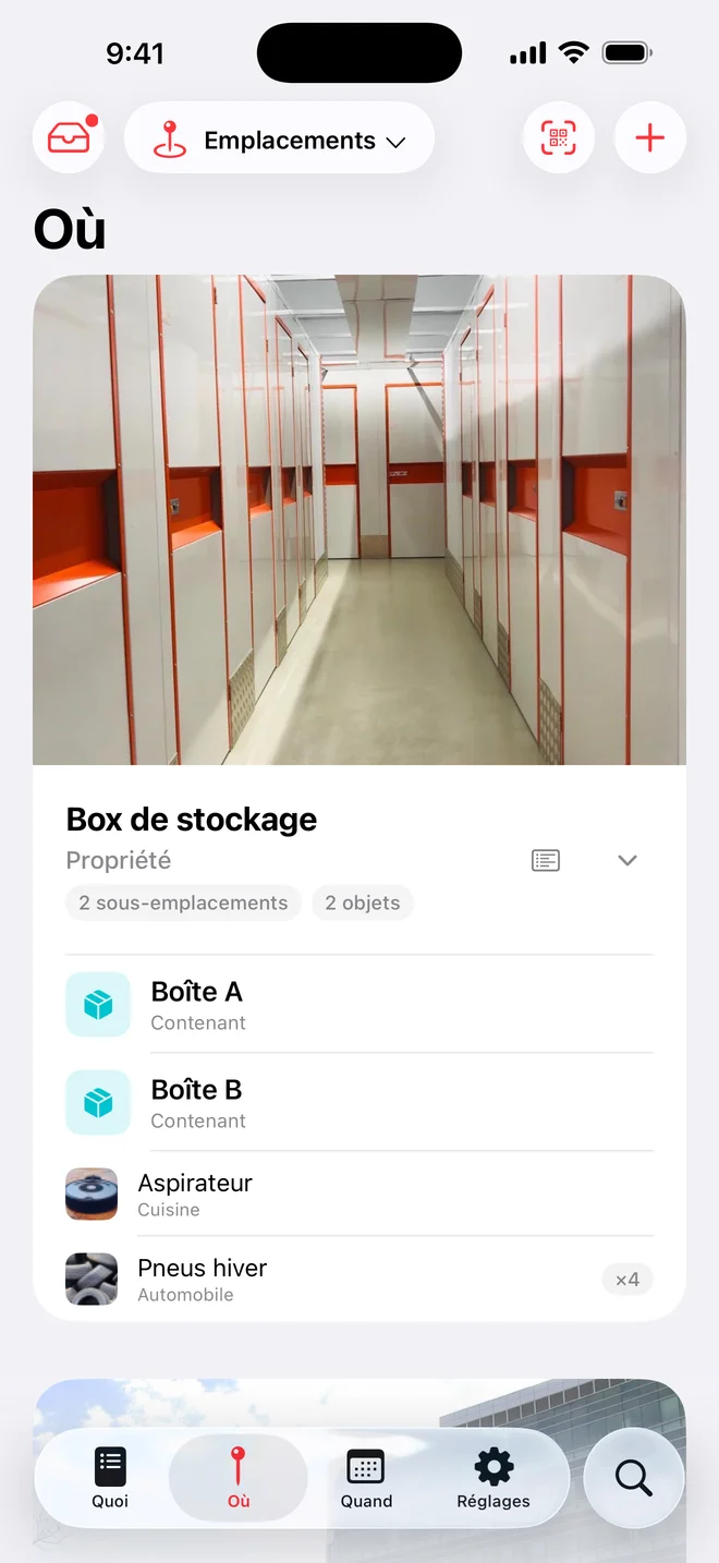 Onglet Où de Whateren : arborescence imbriquée de propriétés, de pièces et de rangements avec le nombre d'objets
