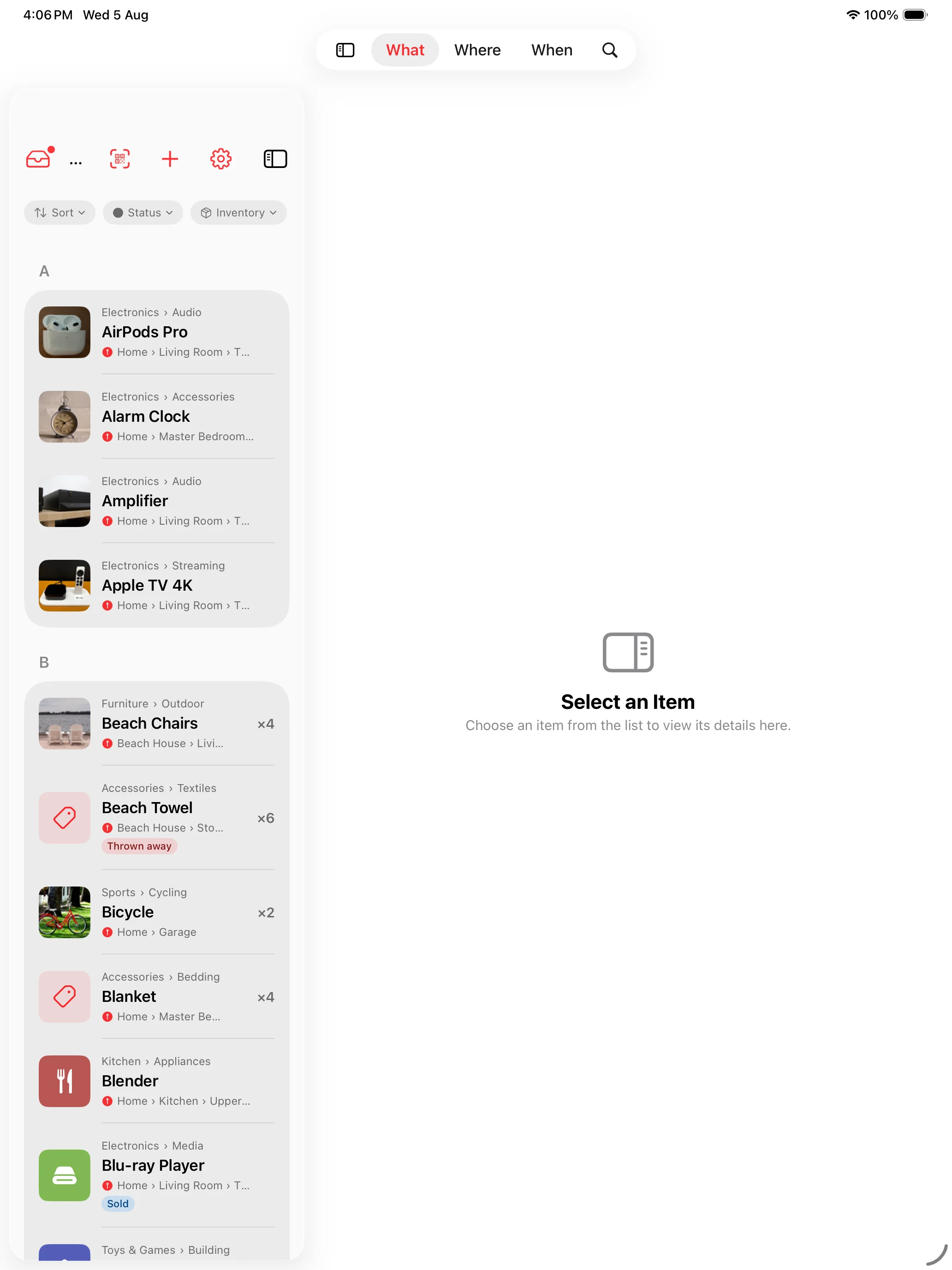 Whateren on iPad: the whole inventory in a multi-column layout, grouped alphabetically