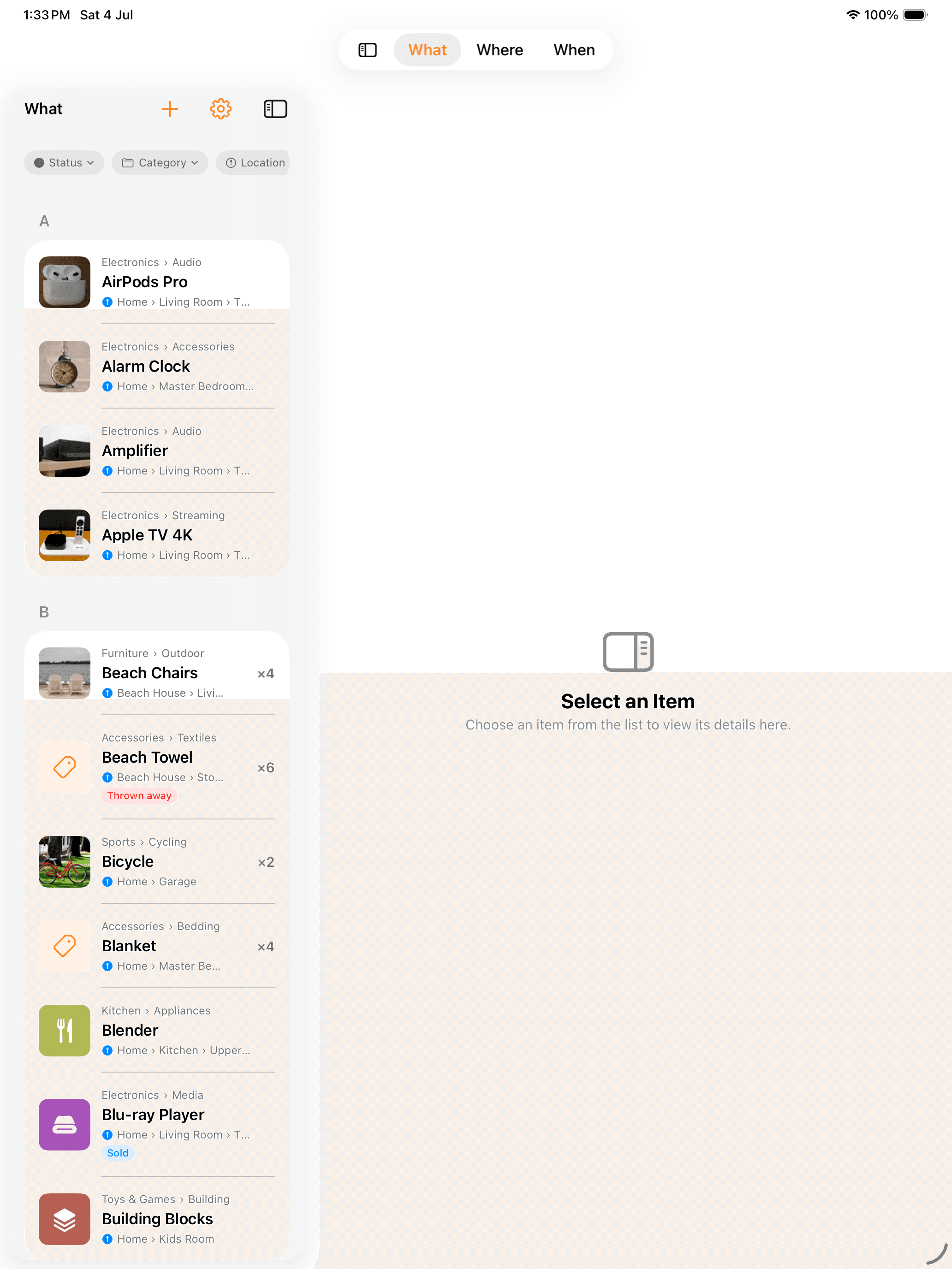 Whateren item grid on iPad with alphabetical sections