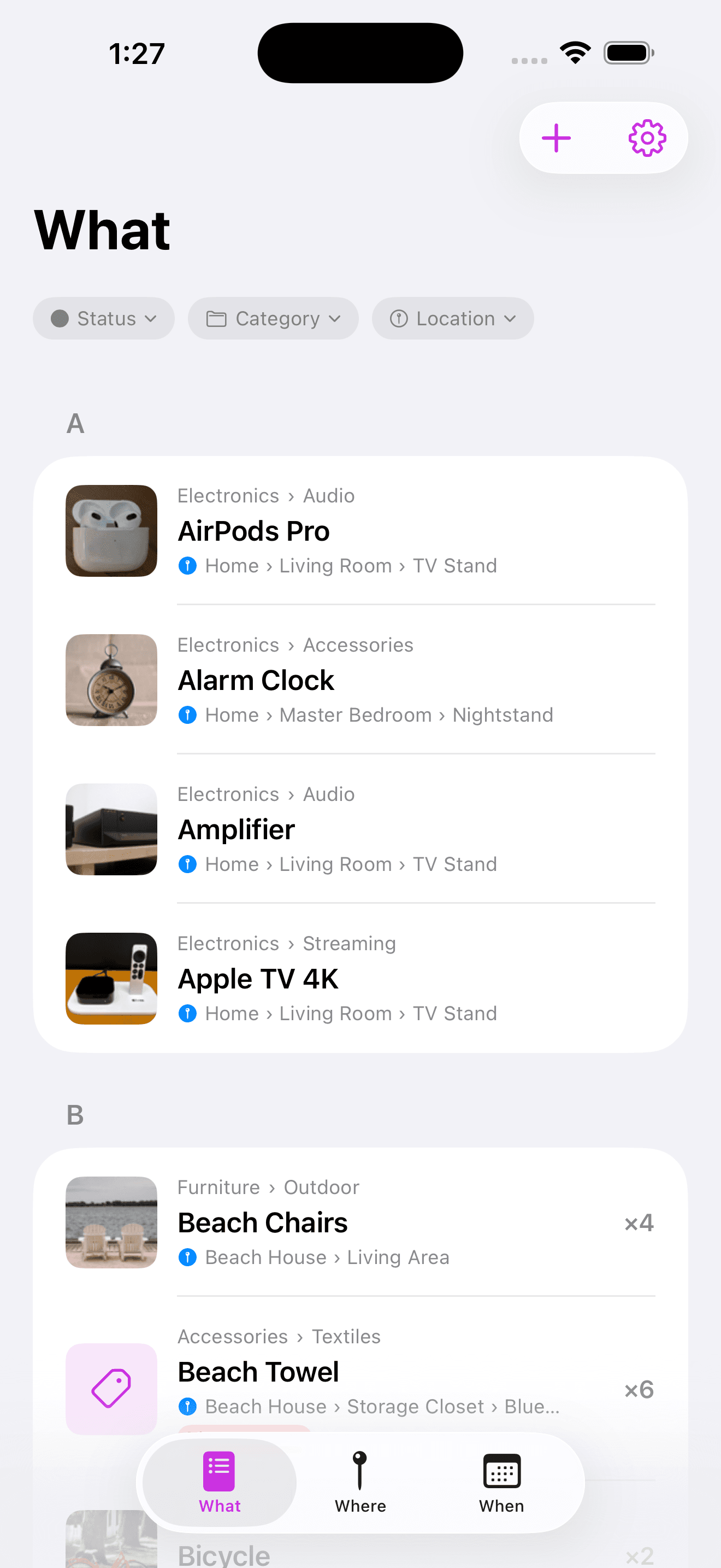 Whateren item list showing a searchable home inventory on iPhone