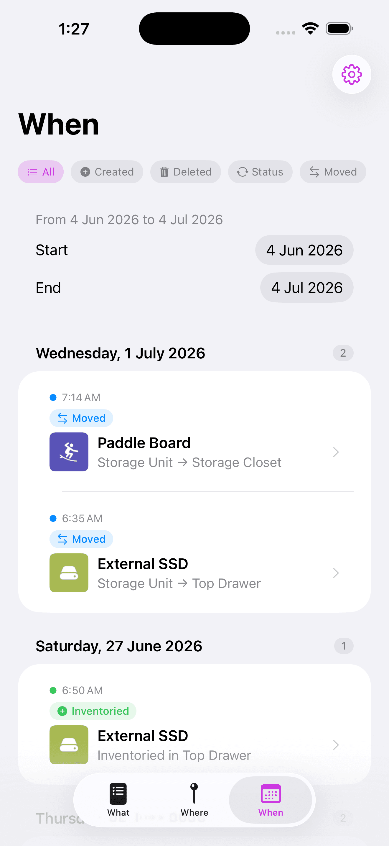 Whateren When tab: chronological timeline of inventory changes