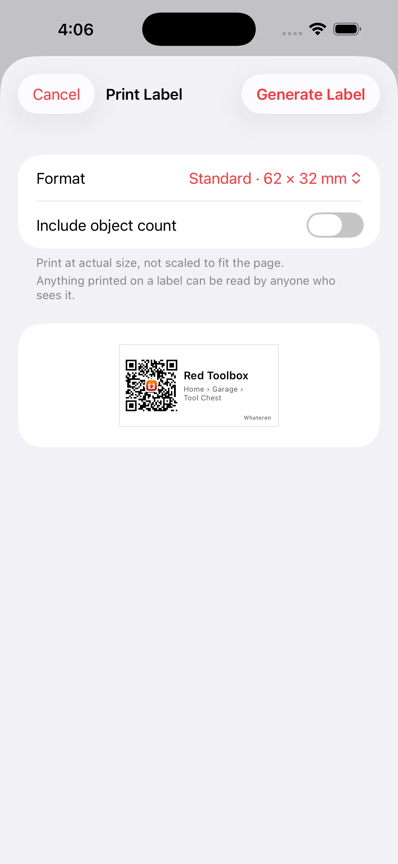 The Print Label screen in Whateren, showing a label preview for a toolbox at its real printed size
