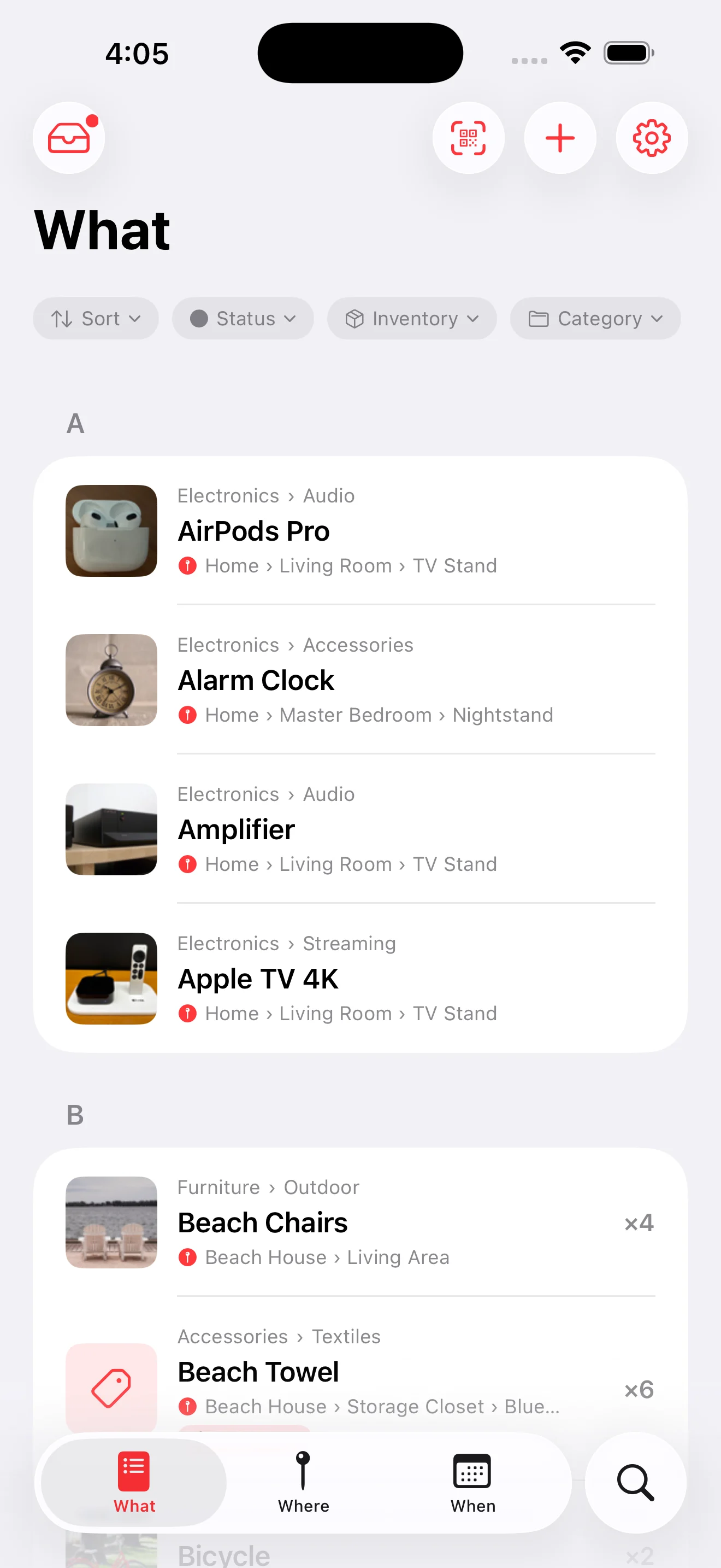 Whateren on iPhone showing the What tab: a searchable list of items with photos, categories and the place each one lives in