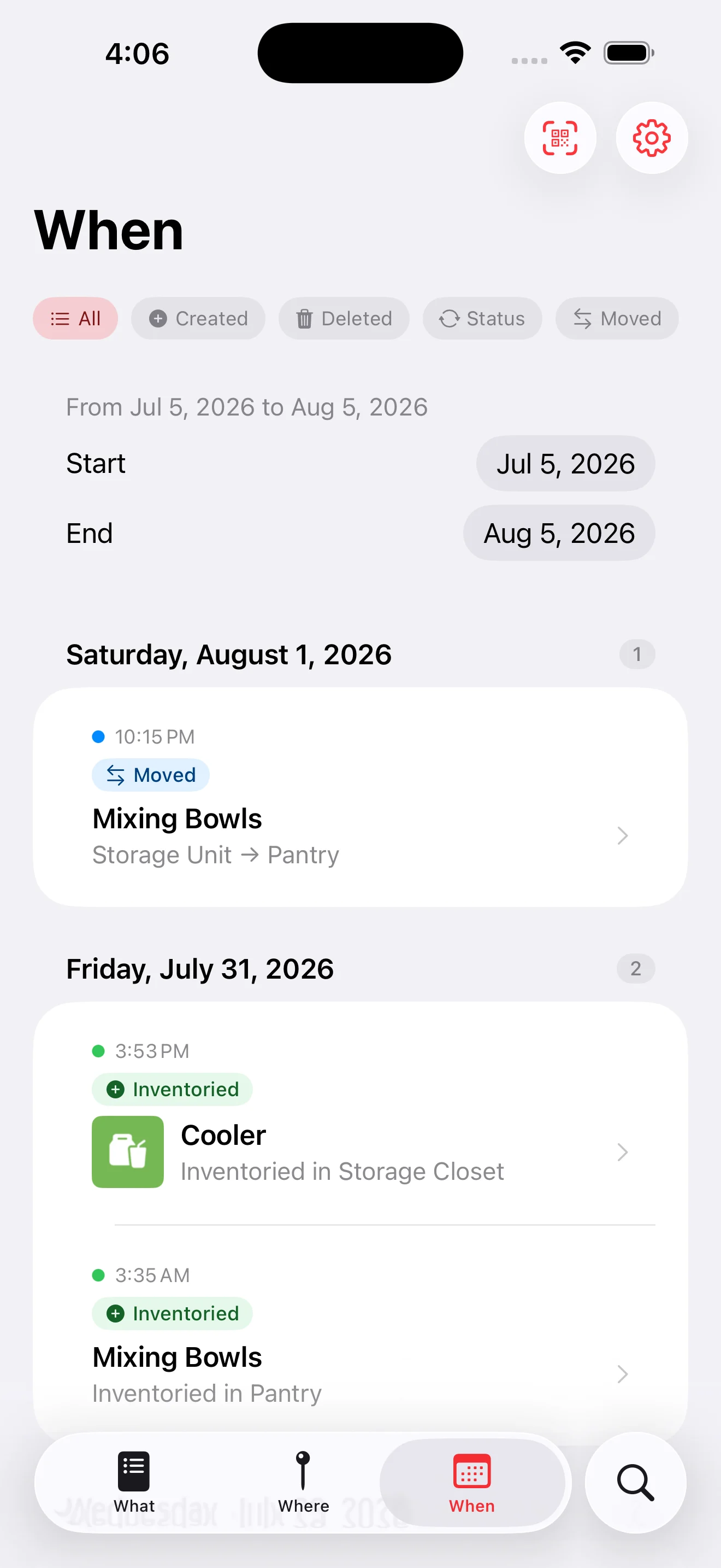 Whateren When tab: a chronological timeline of inventory changes grouped by day