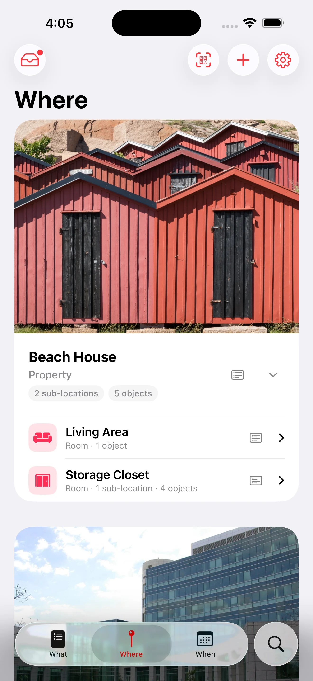 Whateren Where tab: a nested tree of properties, rooms and storage with item counts