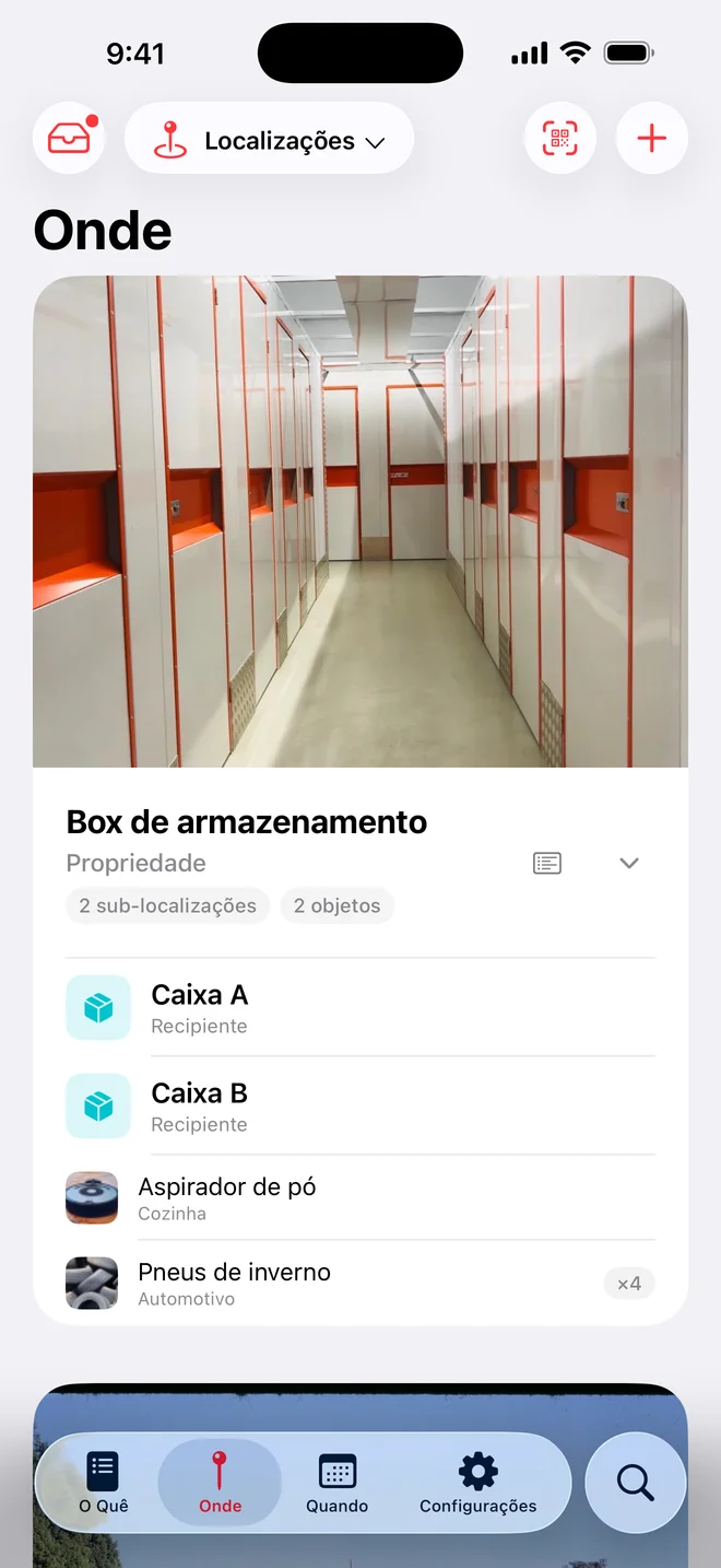 Aba Onde do Whateren: árvore aninhada de propriedades, cômodos e depósitos com a contagem de objetos
